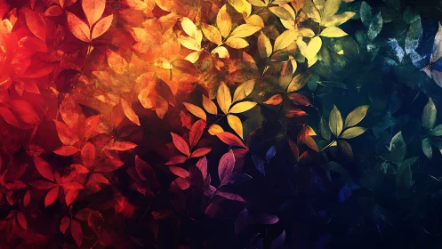 Chromatic foliage gradient with layered digital leaf silhouettes.
