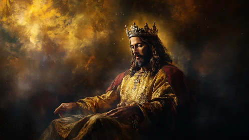 Regal crowned figure in golden robes seated in shadowed space.