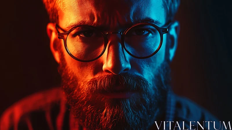 Intense bearded man in glasses under red and blue light.