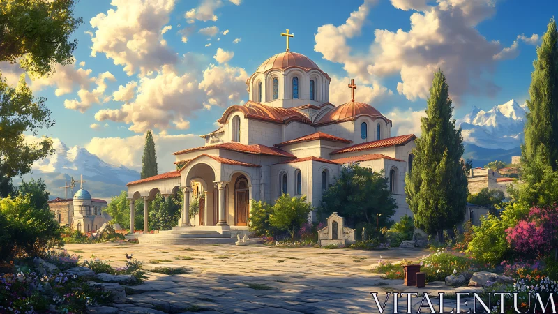 Stone church with domes in landscaped mountain village.