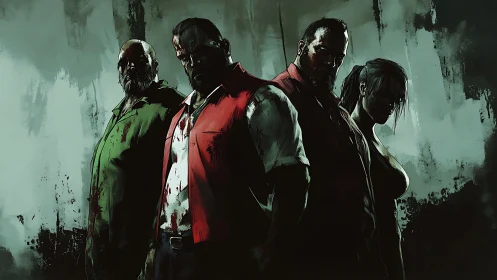 Grim survivors stand united in a bloodstained corridor.