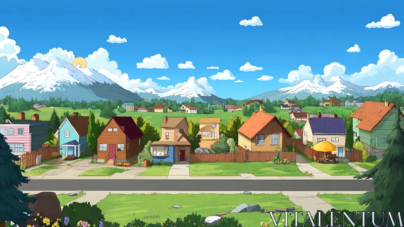 Suburban cul-de-sac with snowcapped mountain panorama backdrop