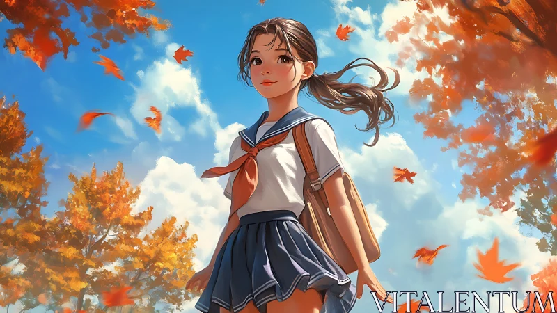 Schoolgirl walks under bright autumn sky with falling leaves.