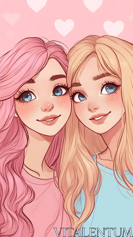 Pastel girlfriends share soft smiles under pink hearts.