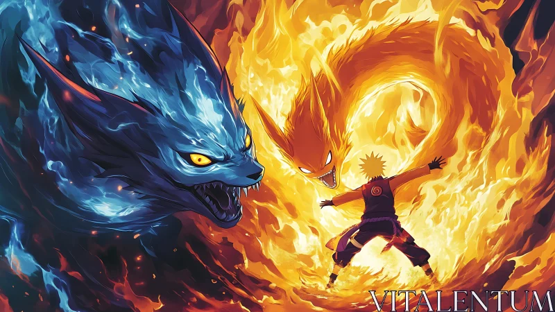 Flaming fox spirals clash with a lone ninja in blazing focus