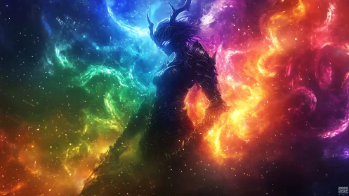 Cosmic humanoid silhouette within multicolored nebula field.