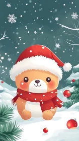 Cartoon animal in winter landscape wears red scarf and hat