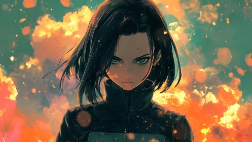 Storm-eyed warrior rises through ember-splashed twilight blaze.