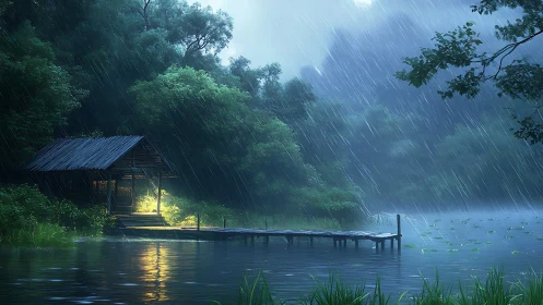 Rain-soaked lakeside cabin glows softly in the misty dusk