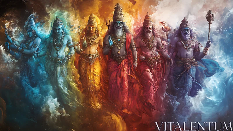 Elemental deities stride through swirling celestial storms.