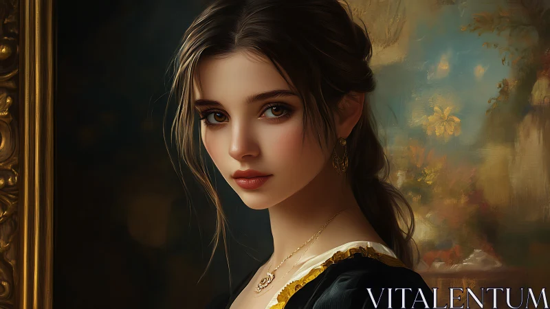 Young woman in ornate dress posed before painted backdrop