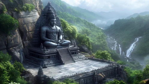 Colossal mountain-side deity complex in misted river valley.
