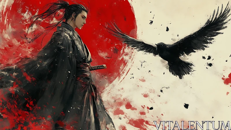 Samurai vector field with corvid trajectory against red sun.