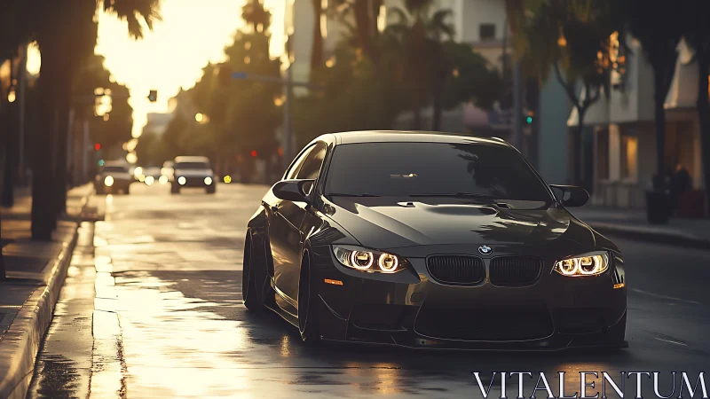 Lowered BMW M3 coupe on wet urban street at golden hour