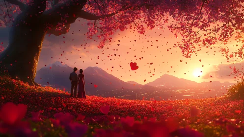 Couple Standing Under Red Flowering Tree at Sunset.