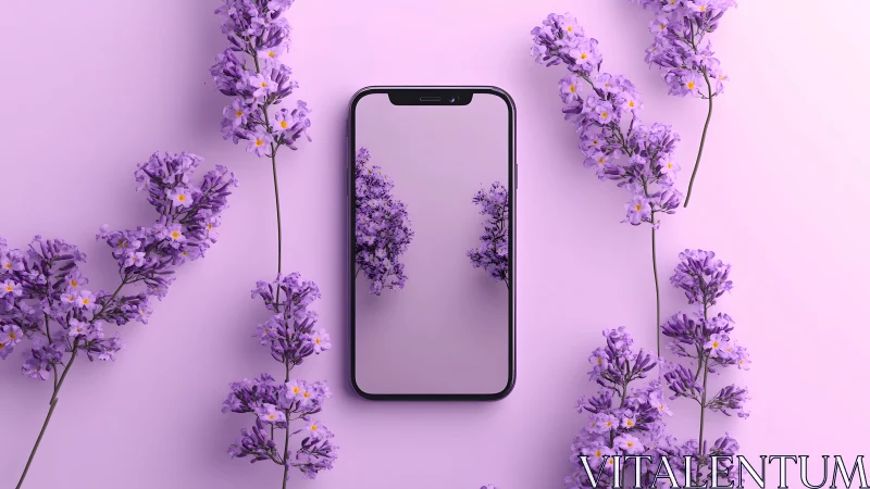 Modern smartphone with lilac flowers on pastel background, minimal style. Modern smartphone with lilac flowers on pastel background, minimal style.
