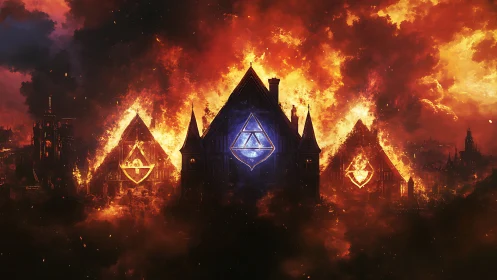 Mystical Citadel Ablaze: Glowing Symbols Rise Through Inferno.