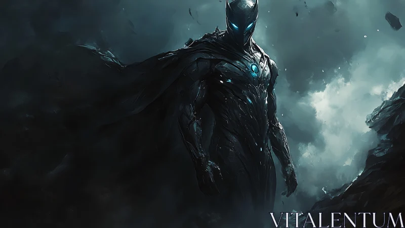 Storm-lit cyber knight walks out of the drowned nebula night