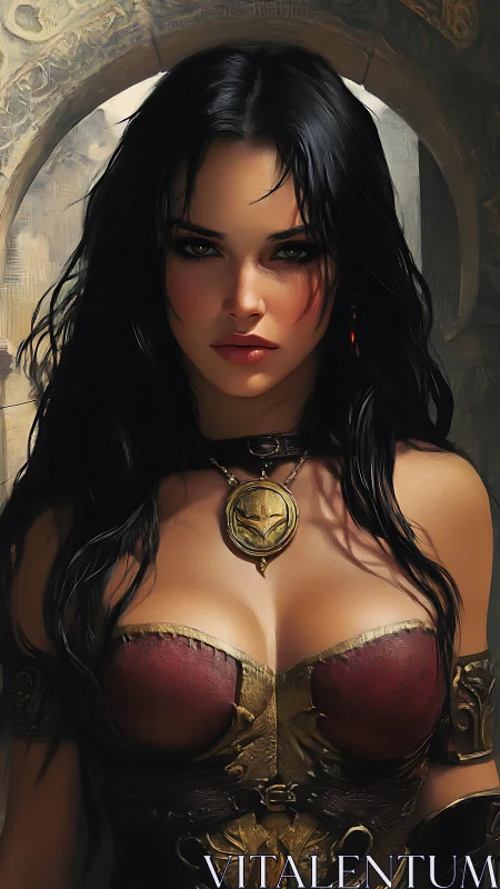 Warrior sorceress portrait with ornate leather armor and medallion