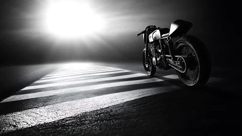 Custom motorcycle on dark road under intense backlight.