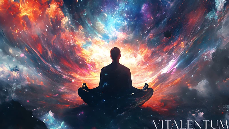 Silhouette in lotus pose before abstract cosmic light field.