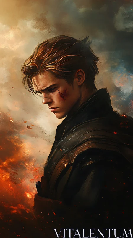 Scorched warrior in drifting embers and quiet regret.