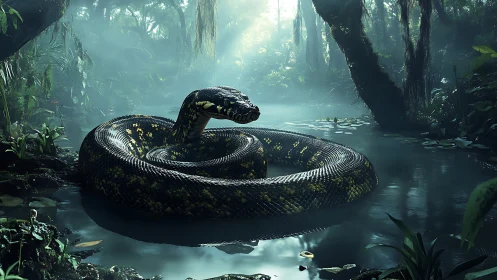 Giant anaconda coils through misted emerald jungle lagoon.
