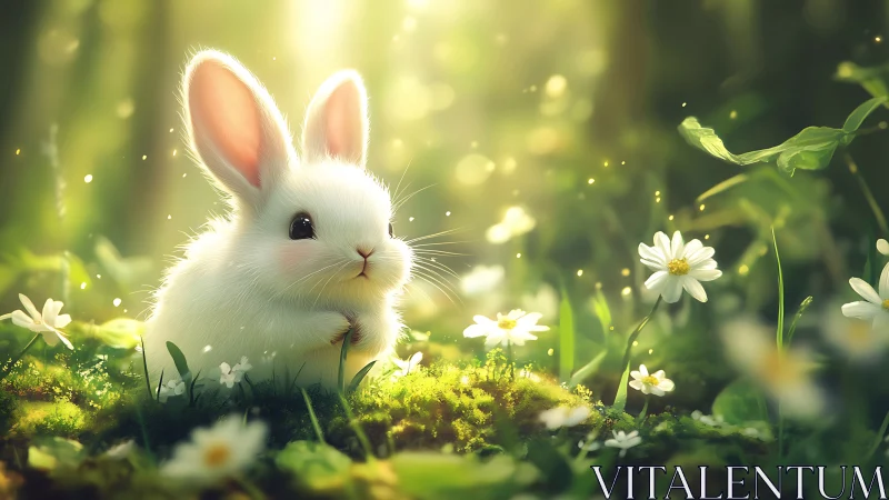 White rabbit in sunlit forest clearing with daisies present.
