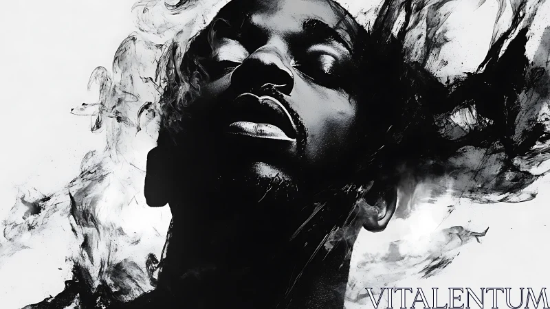 Monochrome portrait dissolves into swirling ink smoke