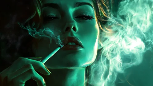 Moody teal portrait of woman smoking in dense swirling smoke.