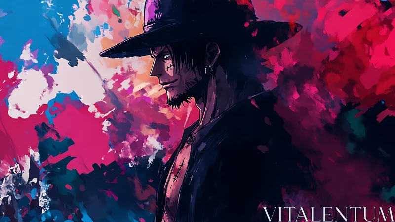 Brooding wanderer in a storm of bold electric colors.