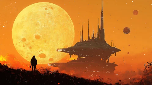 Silhouetted astronaut studies floating sci fi base at giant moon