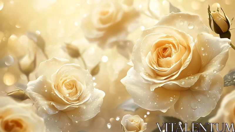 Cream and Peach Roses with Water Droplets and Bokeh.