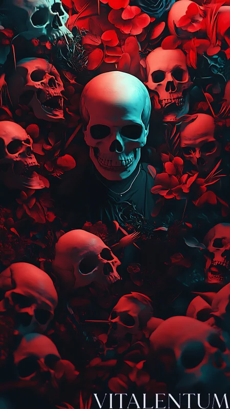 Human skulls surrounded by red flowers in eerie light.