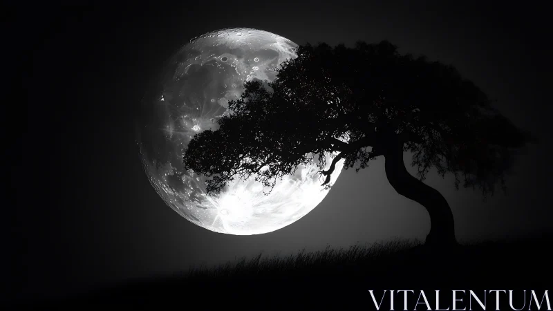 Monochrome lunar silhouette with arched tree foreground composition.