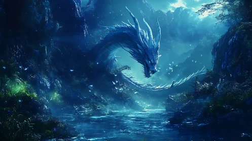Celestial azure dragon descending into misted river gorge.