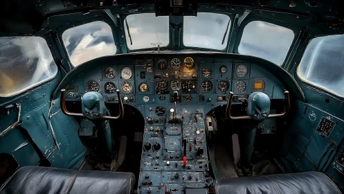 Vintage airplane cockpit glowing with gauges and mystery.