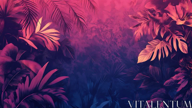 Neon tropical foliage framing deep gradient jungle void.