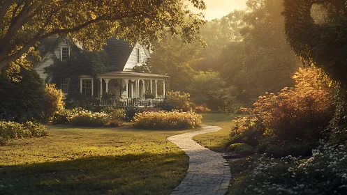 Country house with garden path in soft evening light.