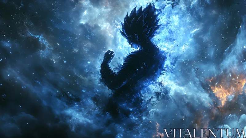 Starlit warrior ignites a blue cosmic storm of power.