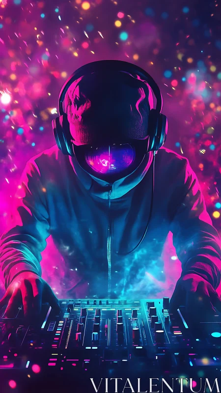 Hooded DJ at neon console under vivid glowing lights.