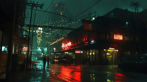 Neon rainstorm drenching cinematic cyberpunk backstreet.