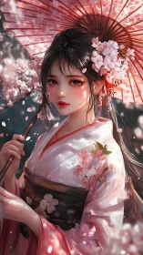 Kimono-clad maiden beneath sakura parasol in soft bloom light
