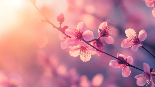 Cherry Blossoms Backlit by Warm Sunlight.