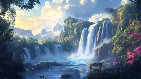 Luminous tropical cascades over misted jungle basin.