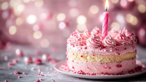 Pink Frosted Layer Cake with Lit Candle and Bokeh Backdrop