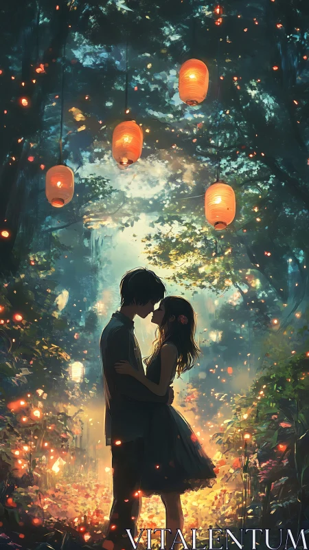 Two figures in silhouette beneath ascending sky lanterns within ethereal forest illumination