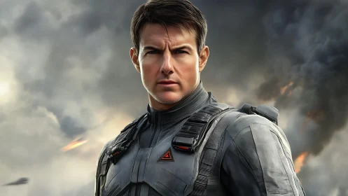 Stoic sci fi soldier in tactical armor amid smoky battlefield.