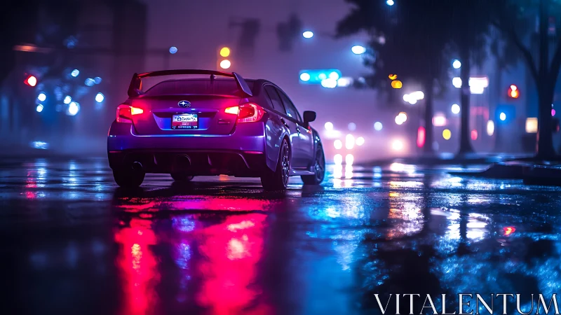 Sport car glows against neon reflections on a rainy city street