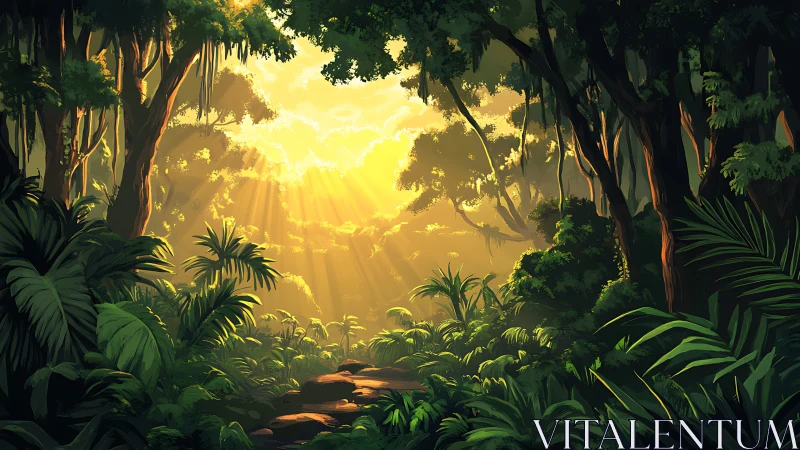 Radiant sunlight filters through a mystical jungle canopy.